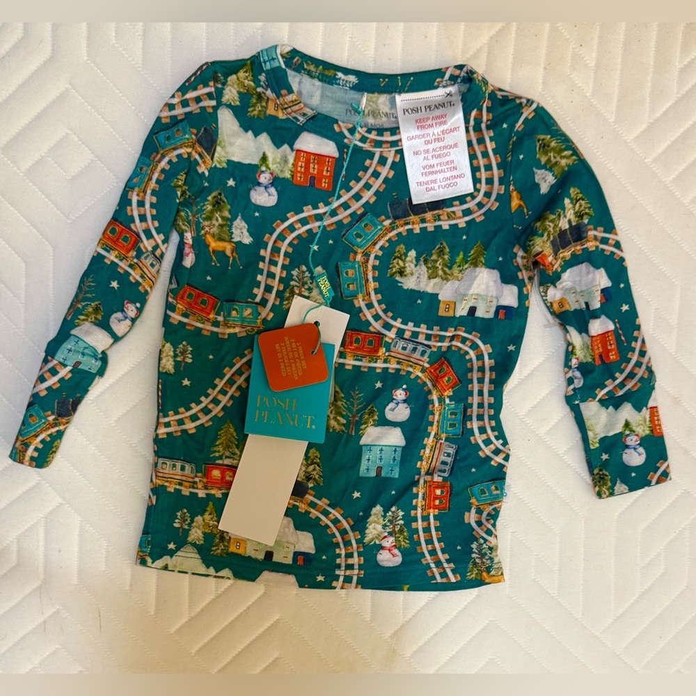 Posh Peanut Kids Train Adventure Pajama SetLong Teal | Sz 12-18 months